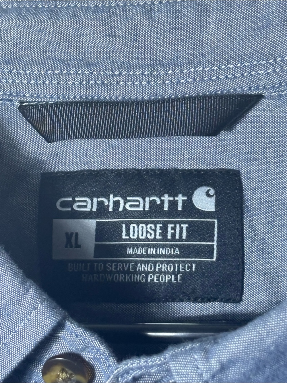 Carhartt Mens XL Loose Fit Blue Chambray Work Shirt Button Up Long Sleeve - Picture 3 of 9